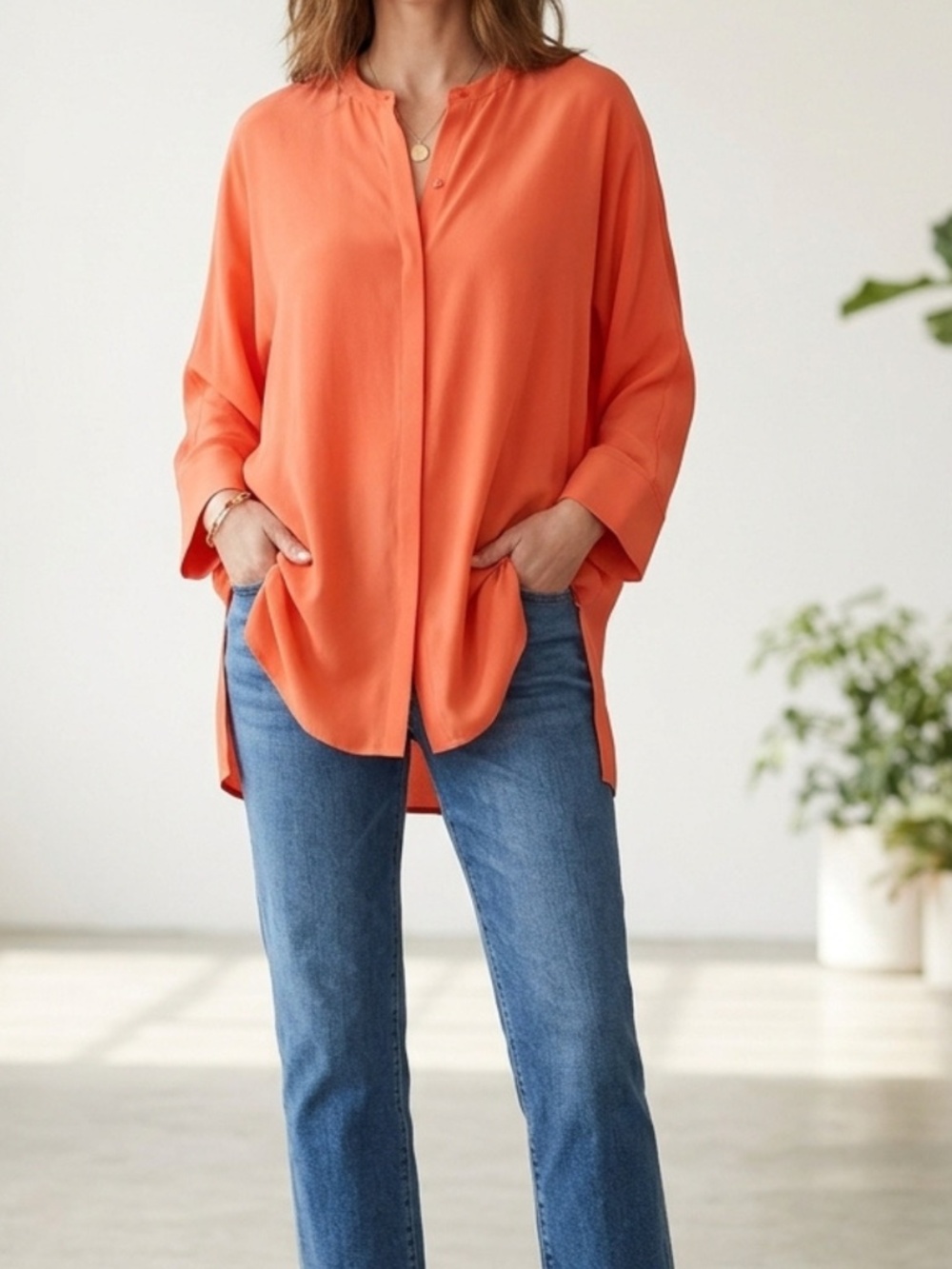 Eileen Fisher Coral Orange, 100% Silk Blouse, Size Large